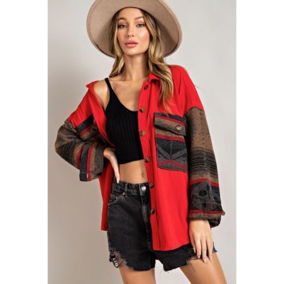 Tops - Red Corduroy Aztec Tribal Western Printed Shacket Shirt Jacket